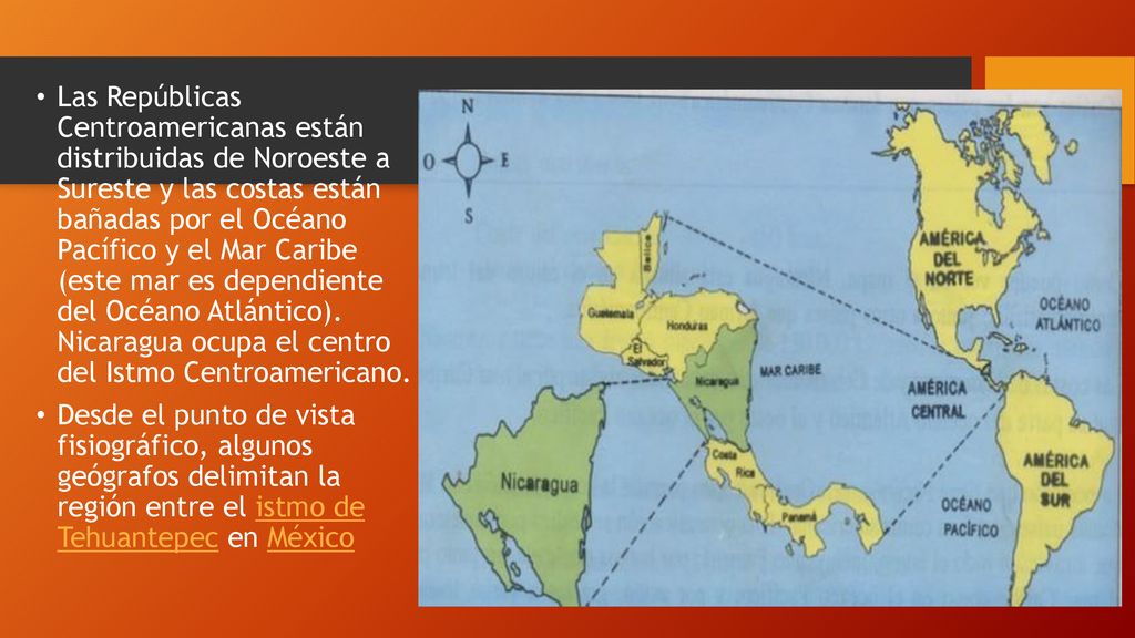 Las Repúblicas Centroamericanas están distribuidas de Noroeste a Sureste y las costas están bañadas por el Océano Pacífico y el Mar Caribe (este mar es dependiente del Océano Atlántico). Nicaragua ocupa el centro del Istmo Centroamericano.