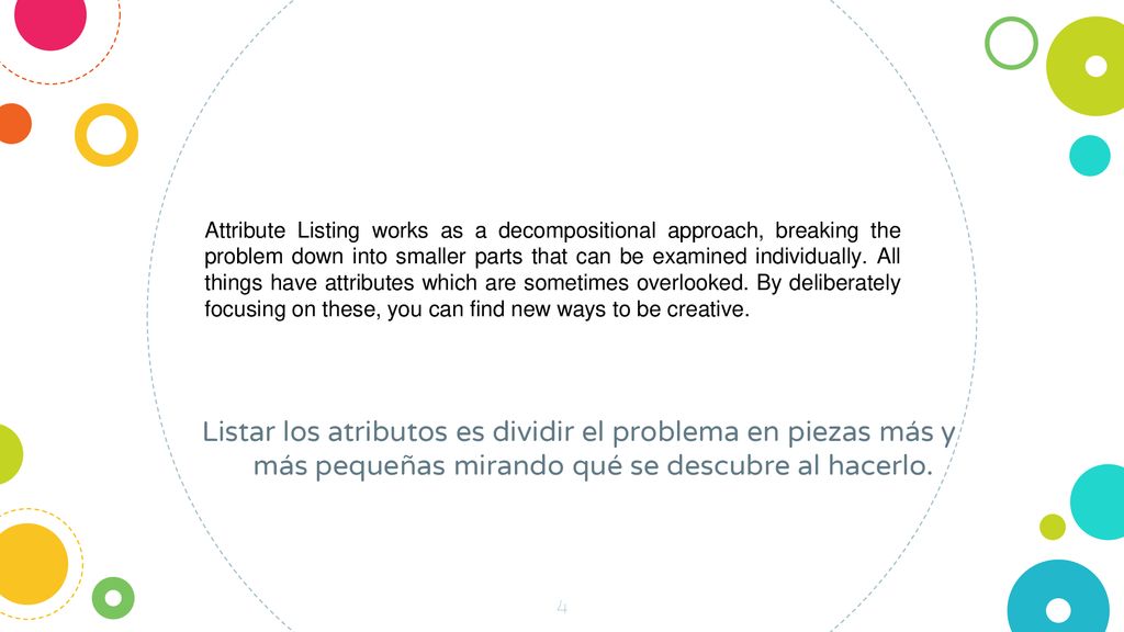 Attribute Listing works as a decompositional approach, breaking the problem down into smaller parts that can be examined individually. All things have attributes which are sometimes overlooked. By deliberately focusing on these, you can find new ways to be creative.