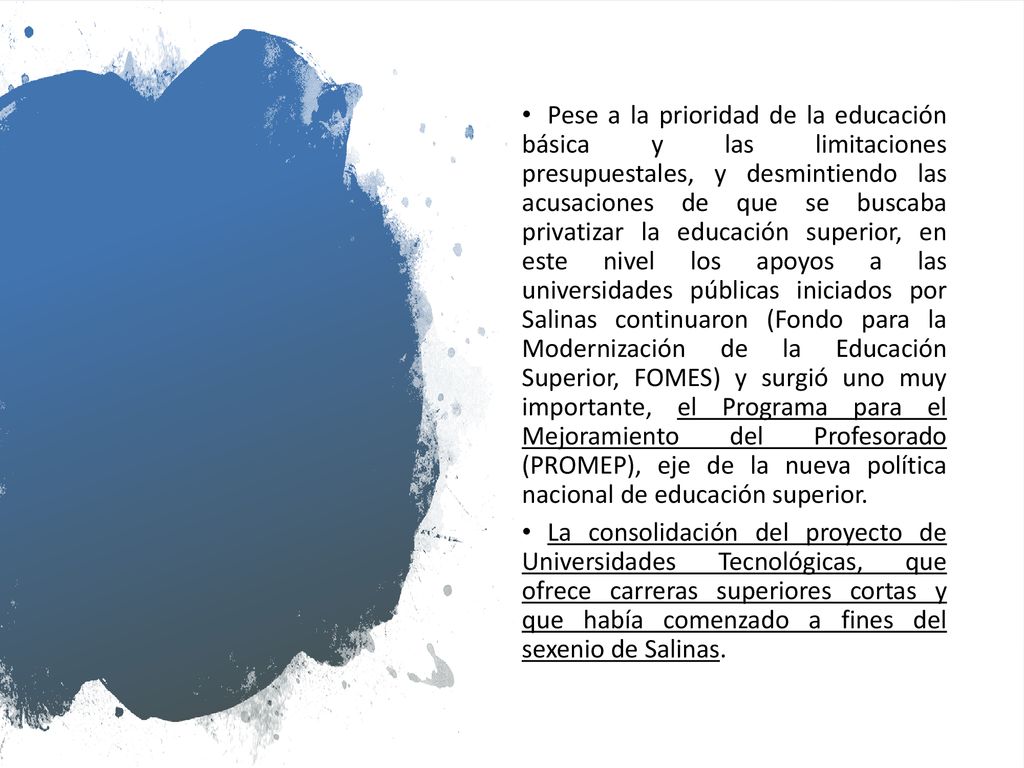 Pese a la prioridad de la educación básica y las limitaciones presupuestales, y desmintiendo las acusaciones de que se buscaba privatizar la educación superior, en este nivel los apoyos a las universidades públicas iniciados por Salinas continuaron (Fondo para la Modernización de la Educación Superior, FOMES) y surgió uno muy importante, el Programa para el Mejoramiento del Profesorado (PROMEP), eje de la nueva política nacional de educación superior.