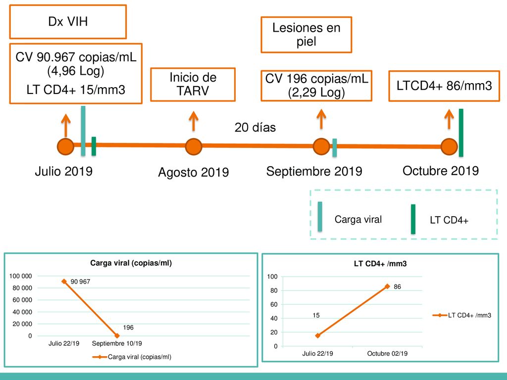 Dx VIH Lesiones en piel CV copias/mL (4,96 Log) LT CD4+ 15/mm3