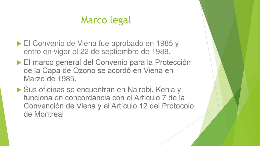Marco legal El Convenio de Viena fue aprobado en 1985 y entro en vigor el 22 de septiembre de