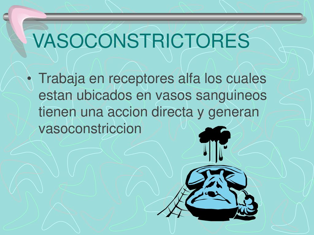 VASOCONSTRICTORES Trabaja en receptores alfa los cuales estan ubicados en vasos sanguineos tienen una accion directa y generan vasoconstriccion.
