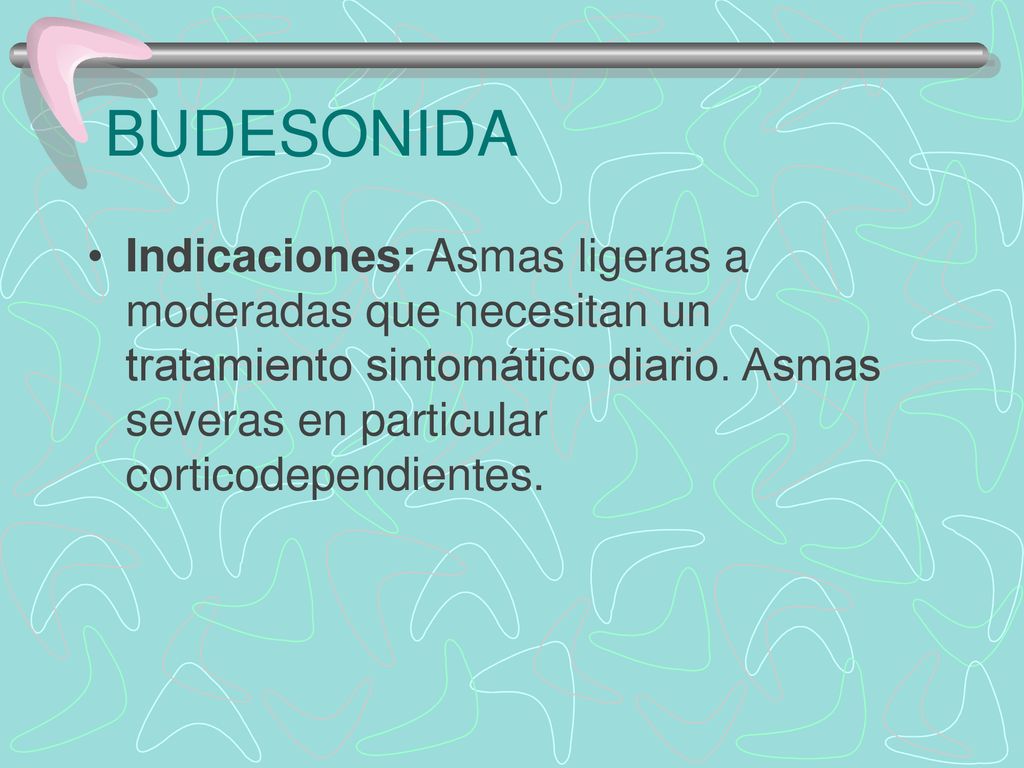 BUDESONIDA Indicaciones: Asmas ligeras a moderadas que necesitan un tratamiento sintomático diario.
