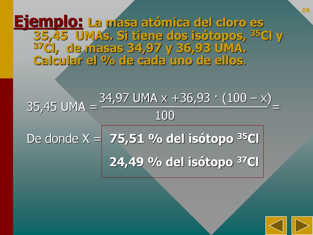 Ejemplo: La masa atómica del cloro es 35,45 UMAs
