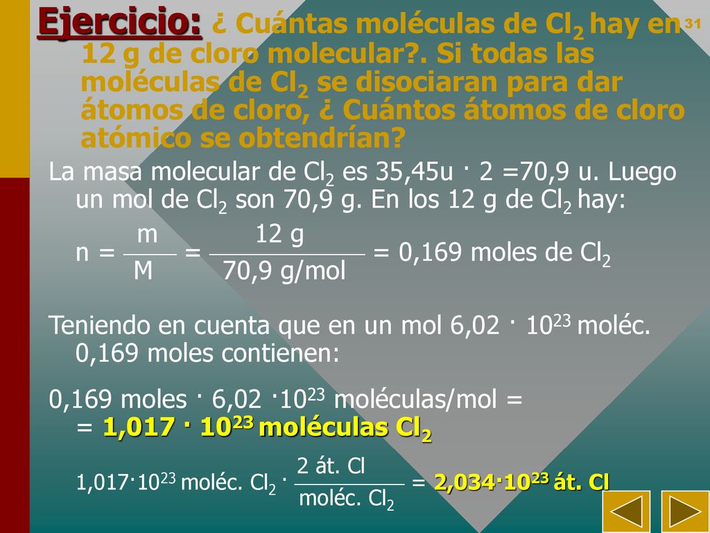 Ejercicio: ¿ Cuántas moléculas de Cl2 hay en 12g de cloro molecular