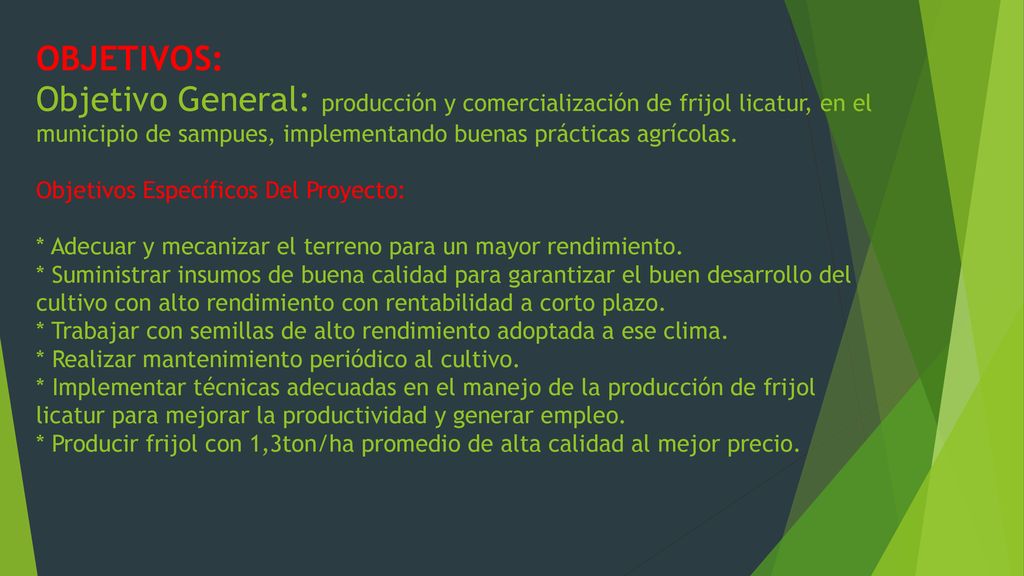 OBJETIVOS: Objetivo General: producción y comercialización de frijol licatur, en el municipio de sampues, implementando buenas prácticas agrícolas.