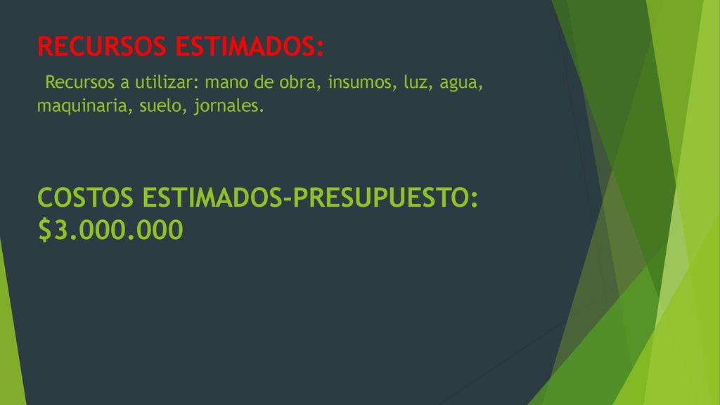 RECURSOS ESTIMADOS: Recursos a utilizar: mano de obra, insumos, luz, agua, maquinaria, suelo, jornales.