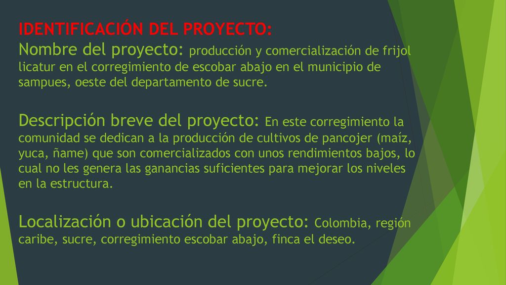IDENTIFICACIÓN DEL PROYECTO: Nombre del proyecto: producción y comercialización de frijol licatur en el corregimiento de escobar abajo en el municipio de sampues, oeste del departamento de sucre.
