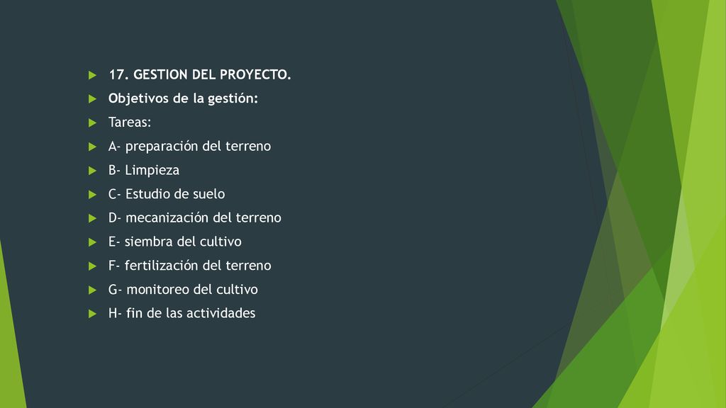17. GESTION DEL PROYECTO. Objetivos de la gestión: Tareas: A- preparación del terreno. B- Limpieza.