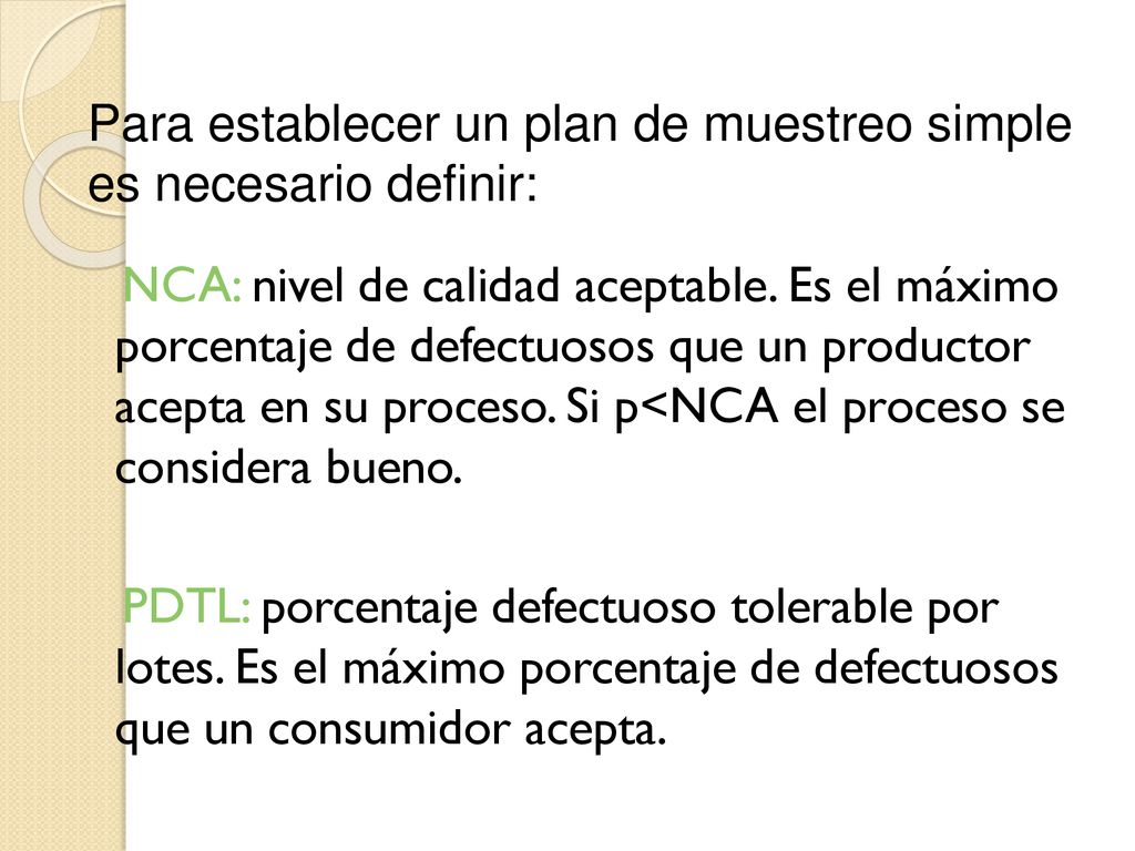 Para establecer un plan de muestreo simple es necesario definir: