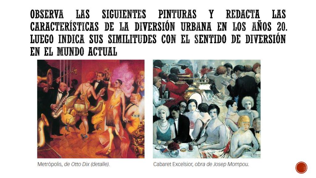 Observa las siguientes pinturas y redacta las características de la diversión urbana en los años 20.