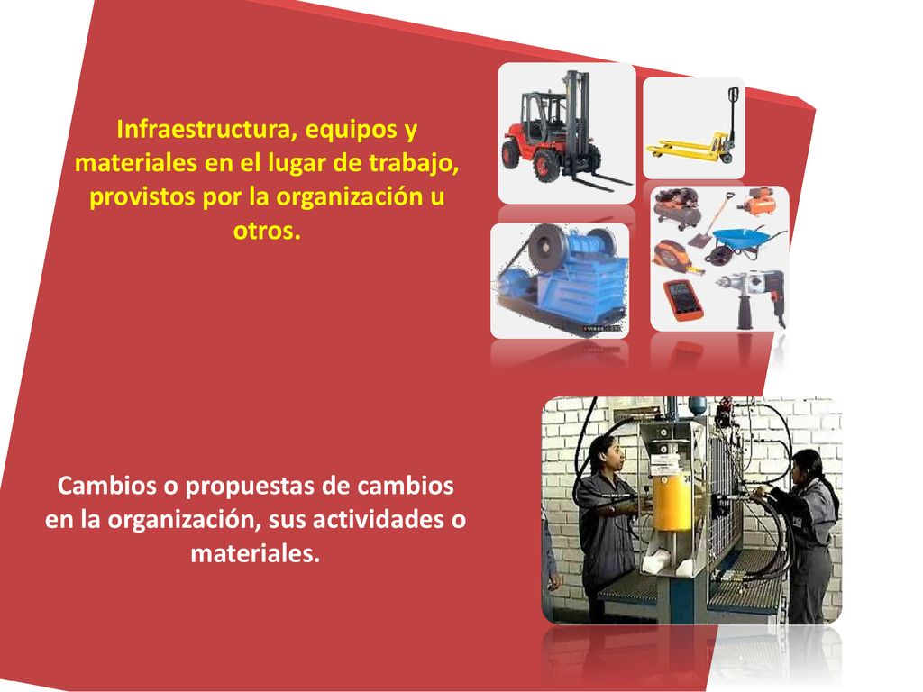 Infraestructura, equipos y materiales en el lugar de trabajo, provistos por la organización u otros.