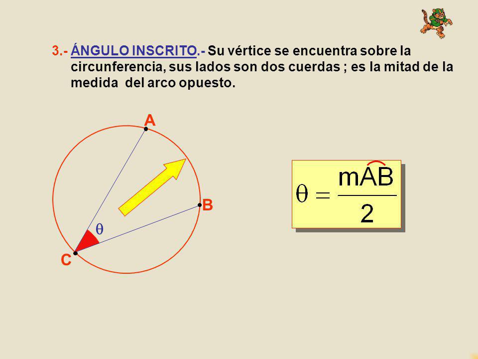 3.- ÁNGULO INSCRITO.- Su vértice se encuentra sobre la circunferencia, sus lados son dos cuerdas ; es la mitad de la medida del arco opuesto.