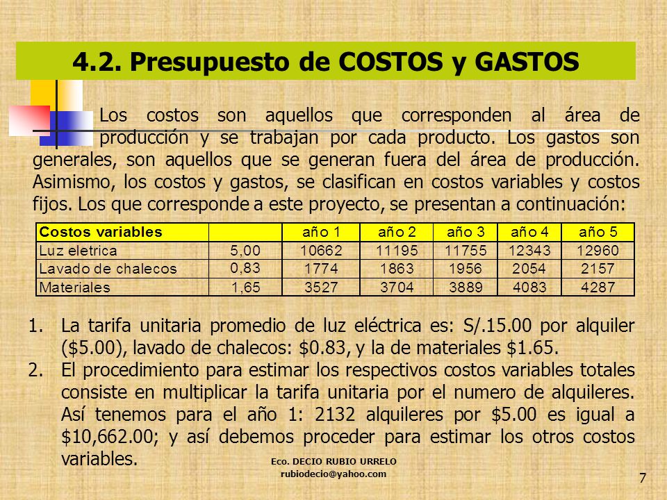 4.2. Presupuesto de COSTOS y GASTOS