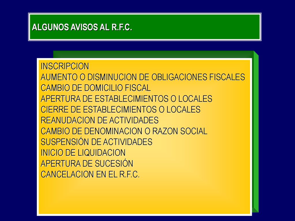 ALGUNOS AVISOS AL R.F.C. INSCRIPCION. AUMENTO O DISMINUCION DE OBLIGACIONES FISCALES. CAMBIO DE DOMICILIO FISCAL.