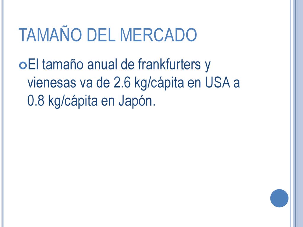 TAMAÑO DEL MERCADO El tamaño anual de frankfurters y vienesas va de 2.6 kg/cápita en USA a 0.8 kg/cápita en Japón.