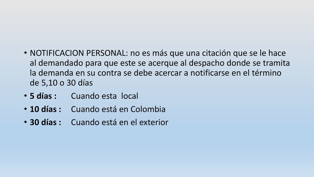 NOTIFICACION PERSONAL: no es más que una citación que se le hace al demandado para que este se acerque al despacho donde se tramita la demanda en su contra se debe acercar a notificarse en el término de 5,10 o 30 días