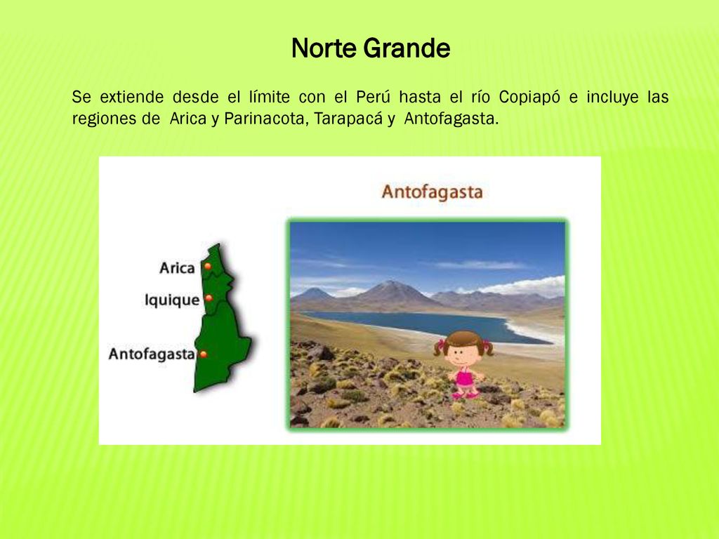 Norte Grande Se extiende desde el límite con el Perú hasta el río Copiapó e incluye las regiones de Arica y Parinacota, Tarapacá y Antofagasta.