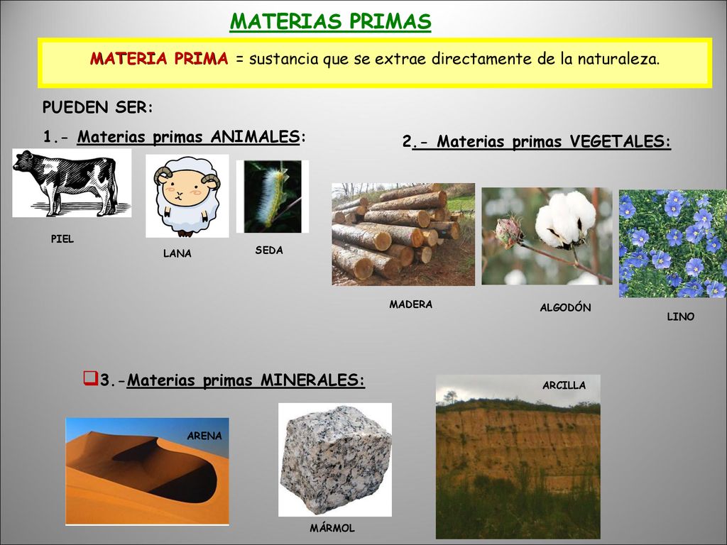 MATERIA PRIMA = sustancia que se extrae directamente de la naturaleza.