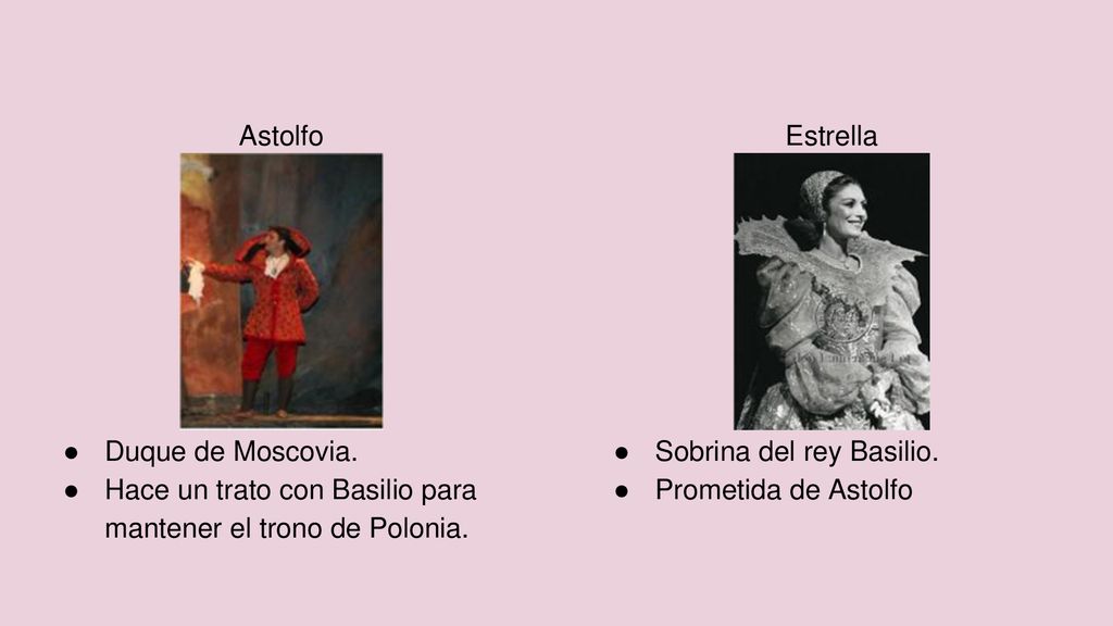 Astolfo Duque de Moscovia. Hace un trato con Basilio para mantener el trono de Polonia. Estrella.