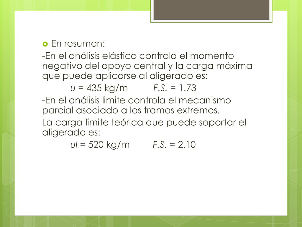 En resumen: -En el análisis elástico controla el momento negativo del apoyo central y la carga máxima que puede aplicarse al aligerado es: