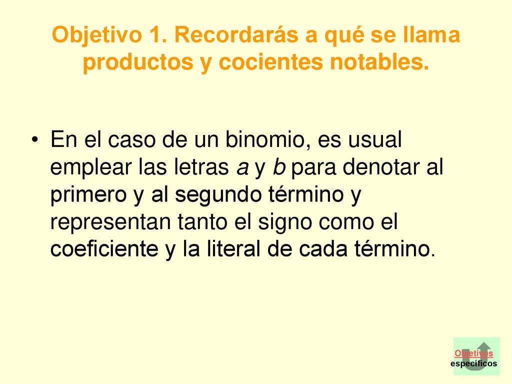 Objetivo 1. Recordarás a qué se llama productos y cocientes notables.