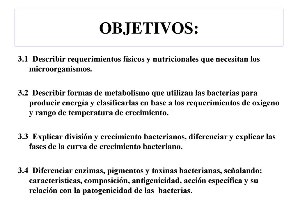 OBJETIVOS: 3.1 Describir requerimientos físicos y nutricionales que necesitan los microorganismos.