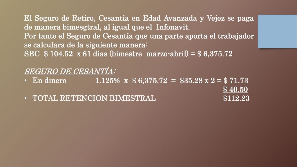 El Seguro de Retiro, Cesantía en Edad Avanzada y Vejez se paga de manera bimesgtral, al igual que el Infonavit.
