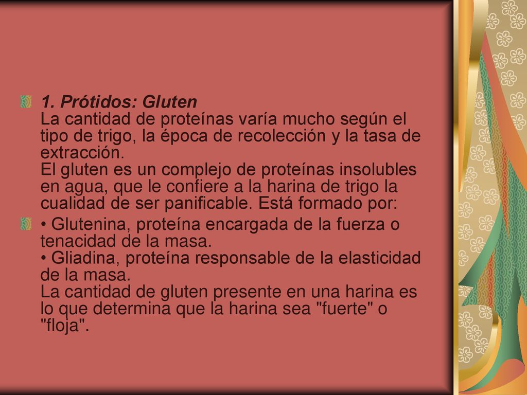 1. Prótidos: Gluten La cantidad de proteínas varía mucho según el tipo de trigo, la época de recolección y la tasa de extracción. El gluten es un complejo de proteínas insolubles en agua, que le confiere a la harina de trigo la cualidad de ser panificable. Está formado por: