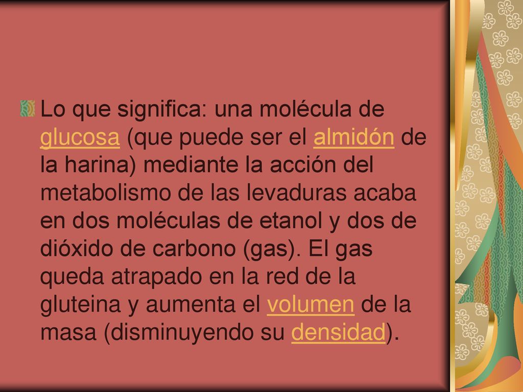 Lo que significa: una molécula de glucosa (que puede ser el almidón de la harina) mediante la acción del metabolismo de las levaduras acaba en dos moléculas de etanol y dos de dióxido de carbono (gas).