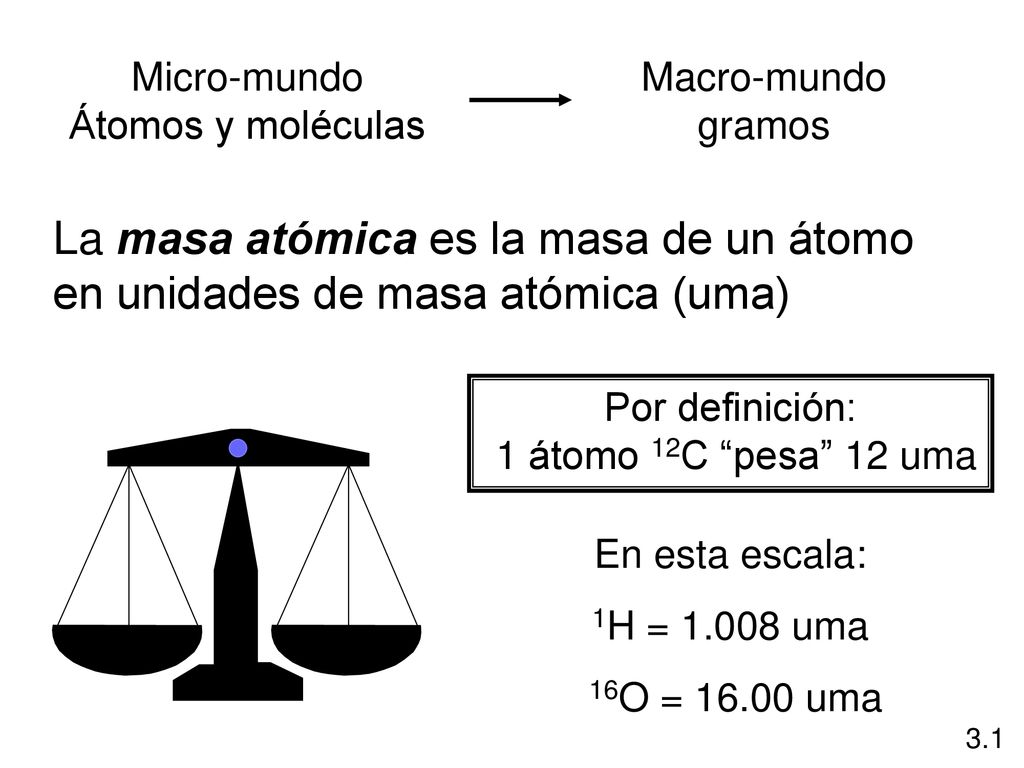 Micro-mundo Átomos y moléculas. Macro-mundo. gramos. La masa atómica es la masa de un átomo en unidades de masa atómica (uma)
