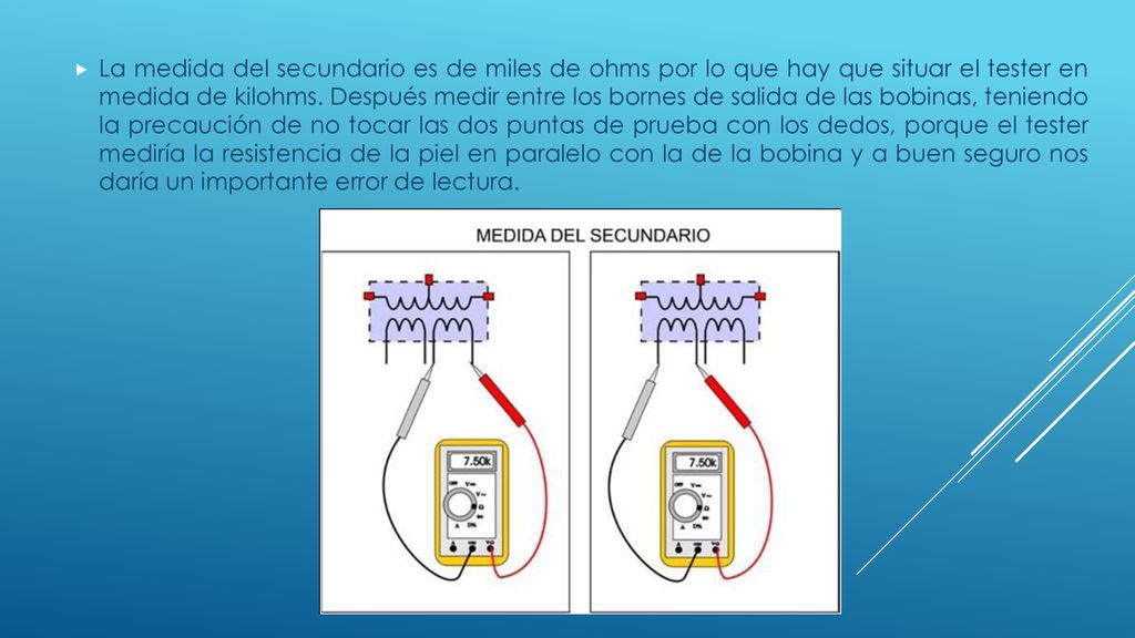 La medida del secundario es de miles de ohms por lo que hay que situar el tester en medida de kilohms.