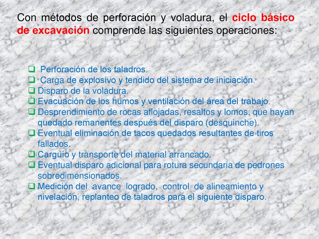 Con métodos de perforación y voladura, el ciclo básico de excavación comprende las siguientes operaciones: