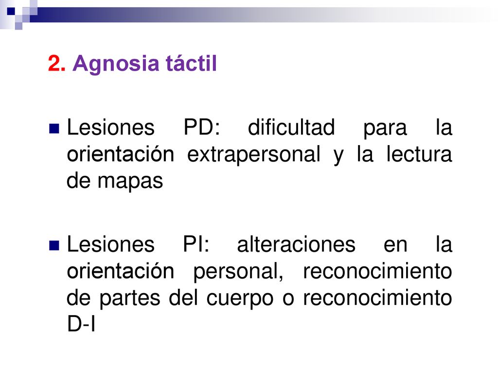 2. Agnosia táctil Lesiones PD: dificultad para la orientación extrapersonal y la lectura de mapas.