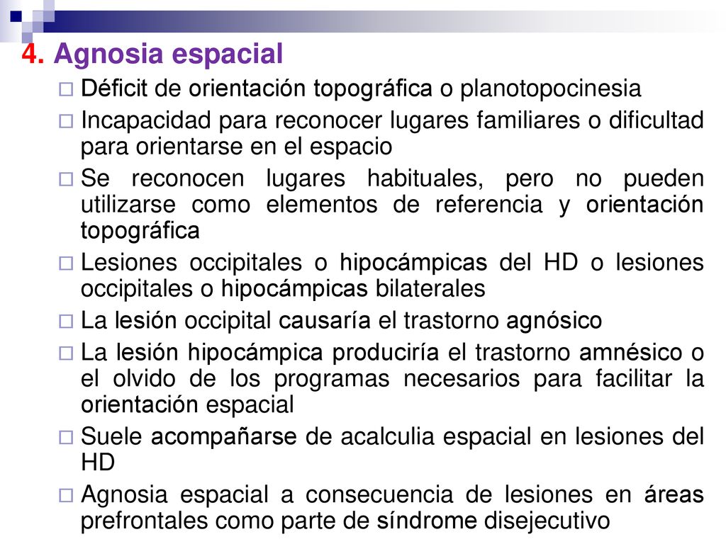 4. Agnosia espacial Déficit de orientación topográfica o planotopocinesia.