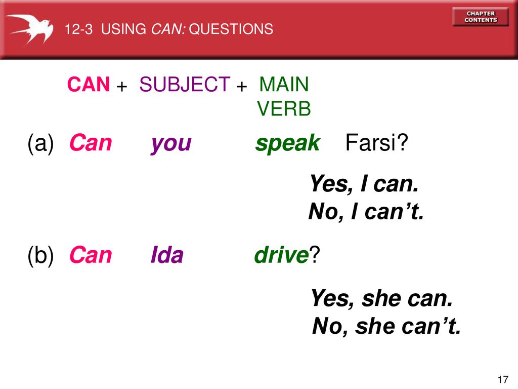 Yes, I can. No, I can’t. Yes, she can. No, she can’t.