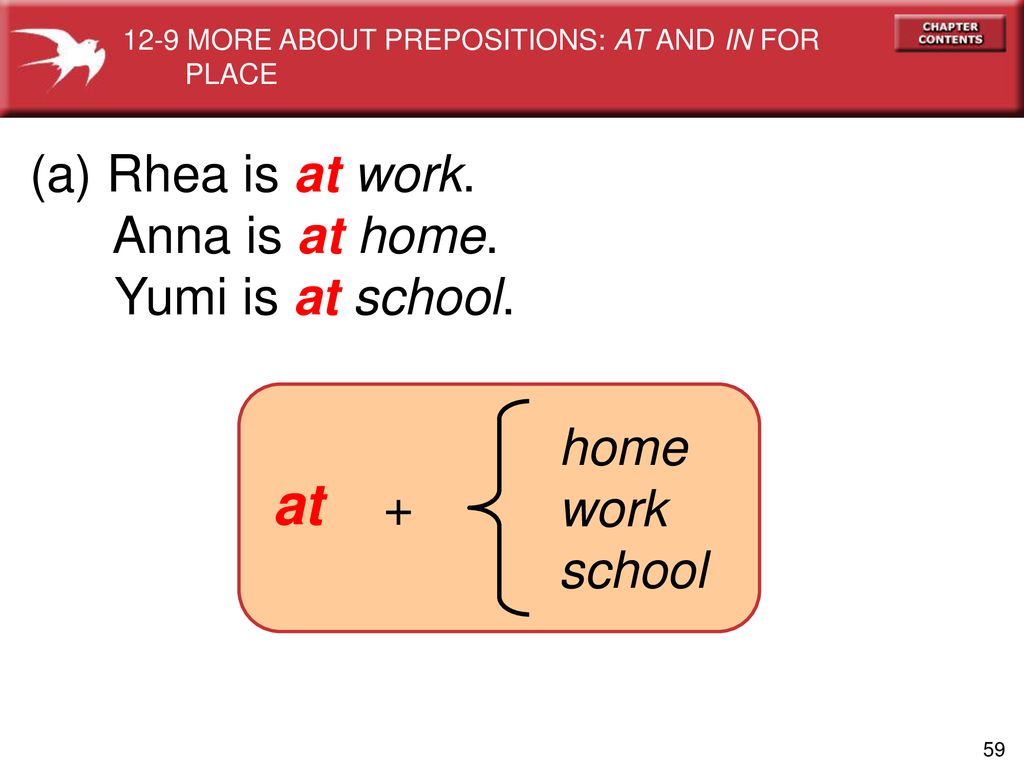 at + (a) Rhea is at work. Anna is at home. Yumi is at school. home