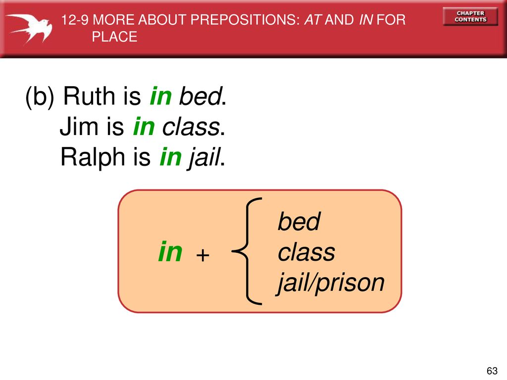 in + (b) Ruth is in bed. Jim is in class. Ralph is in jail. bed class