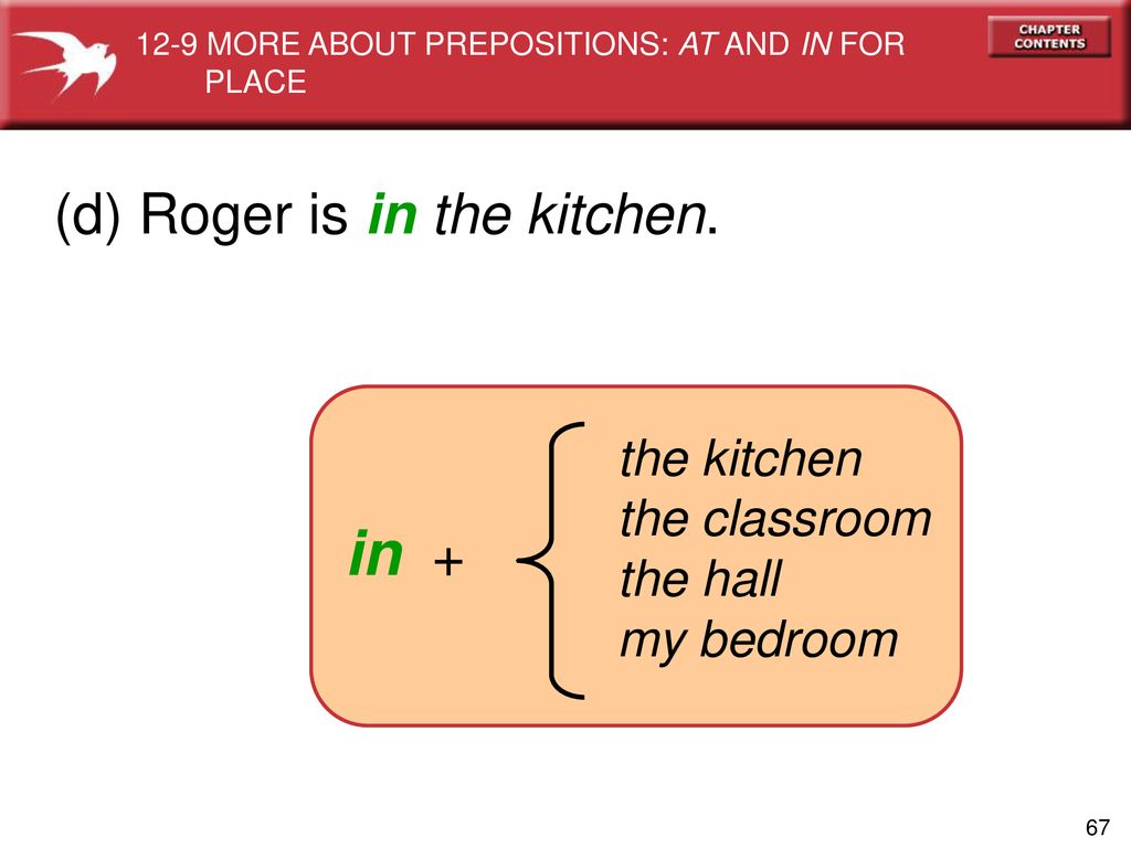 in + (d) Roger is in the kitchen. the kitchen the classroom the hall