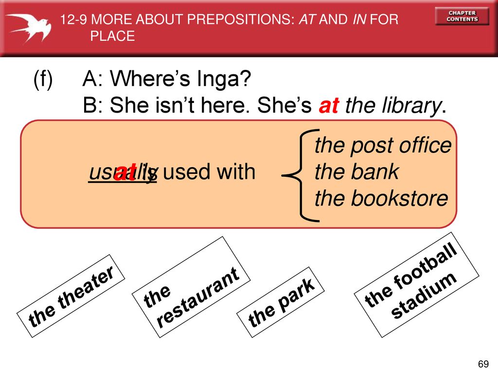 at is (f) A: Where’s Inga B: She isn’t here. She’s at the library.