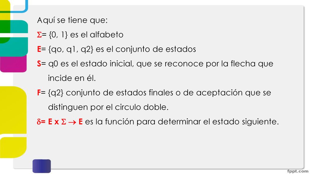 Aquí se tiene que: = {0, 1} es el alfabeto. E= {qo, q1, q2} es el conjunto de estados.