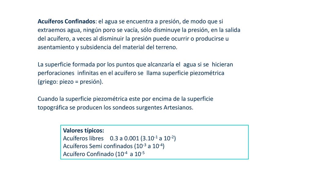 Acuíferos Confinados: el agua se encuentra a presión, de modo que si extraemos agua, ningún poro se vacía, sólo disminuye la presión, en la salida del acuífero, a veces al disminuir la presión puede ocurrir o producirse u asentamiento y subsidencia del material del terreno. La superficie formada por los puntos que alcanzaría el agua si se hicieran perforaciones infinitas en el acuífero se llama superficie piezométrica (griego: piezo = presión). Cuando la superficie piezométrica este por encima de la superficie topográfica se producen los sondeos surgentes Artesianos.