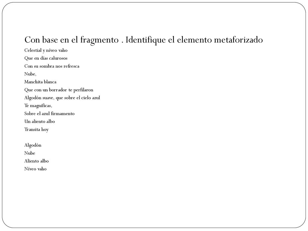 Con base en el fragmento . Identifique el elemento metaforizado