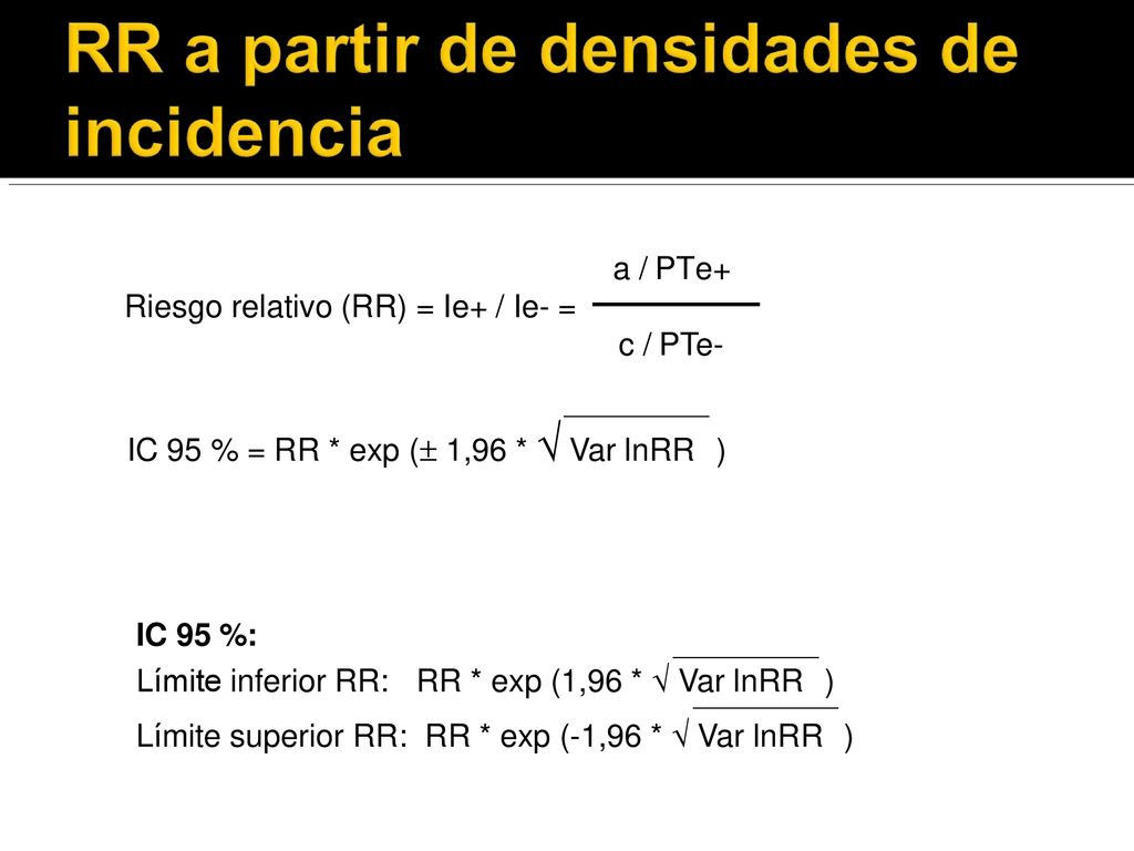 a / PTe+ Riesgo relativo (RR) = Ie+ / Ie- = c / PTe- IC 95 % = RR * exp ( 1,96 *  Var lnRR ) IC 95 %: