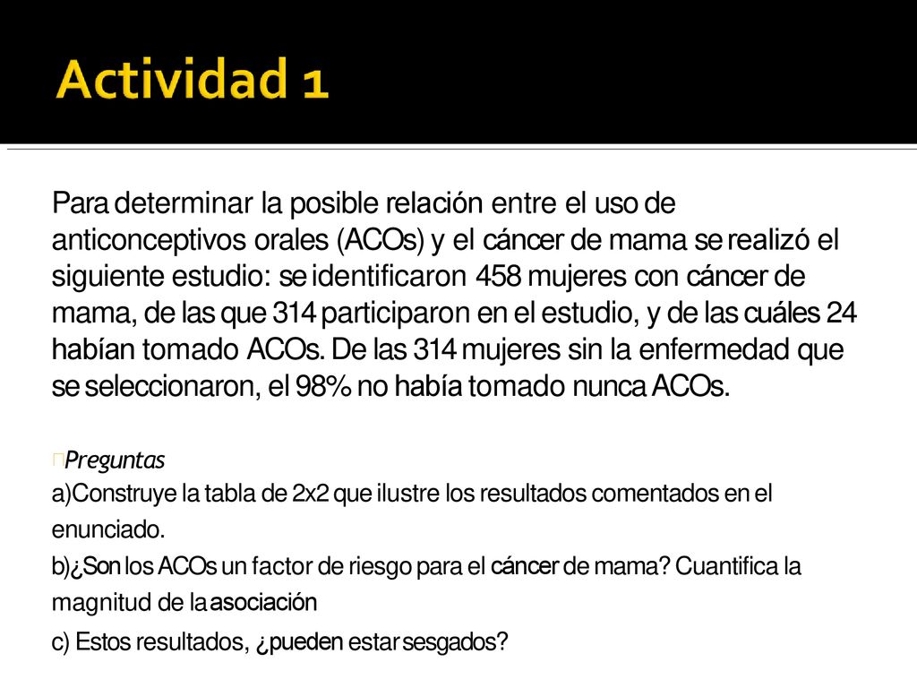 Para determinar la posible relación entre el uso de anticonceptivos orales (ACOs) y el cáncer de mama se realizó el siguiente estudio: se identificaron 458 mujeres con cáncer de mama, de las que 314 participaron en el estudio, y de las cuáles 24 habían tomado ACOs. De las 314 mujeres sin la enfermedad que se seleccionaron, el 98% no había tomado nunca ACOs.