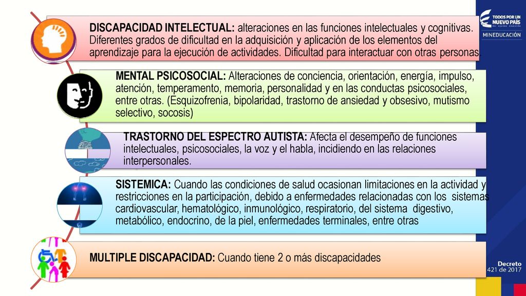DISCAPACIDAD INTELECTUAL: alteraciones en las funciones intelectuales y cognitivas. Diferentes grados de dificultad en la adquisición y aplicación de los elementos del aprendizaje para la ejecución de actividades. Dificultad para interactuar con otras personas.