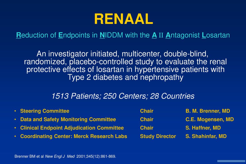 RENAAL Reduction of Endpoints in NIDDM with the A II Antagonist Losartan.