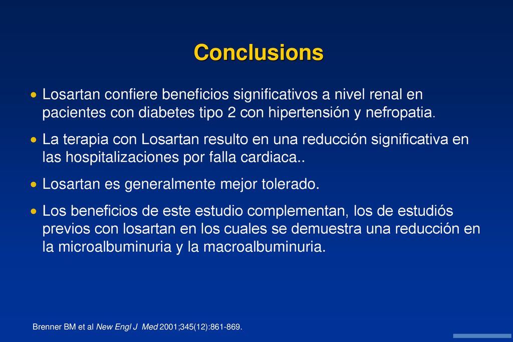 Conclusions Losartan confiere beneficios significativos a nivel renal en pacientes con diabetes tipo 2 con hipertensión y nefropatia.