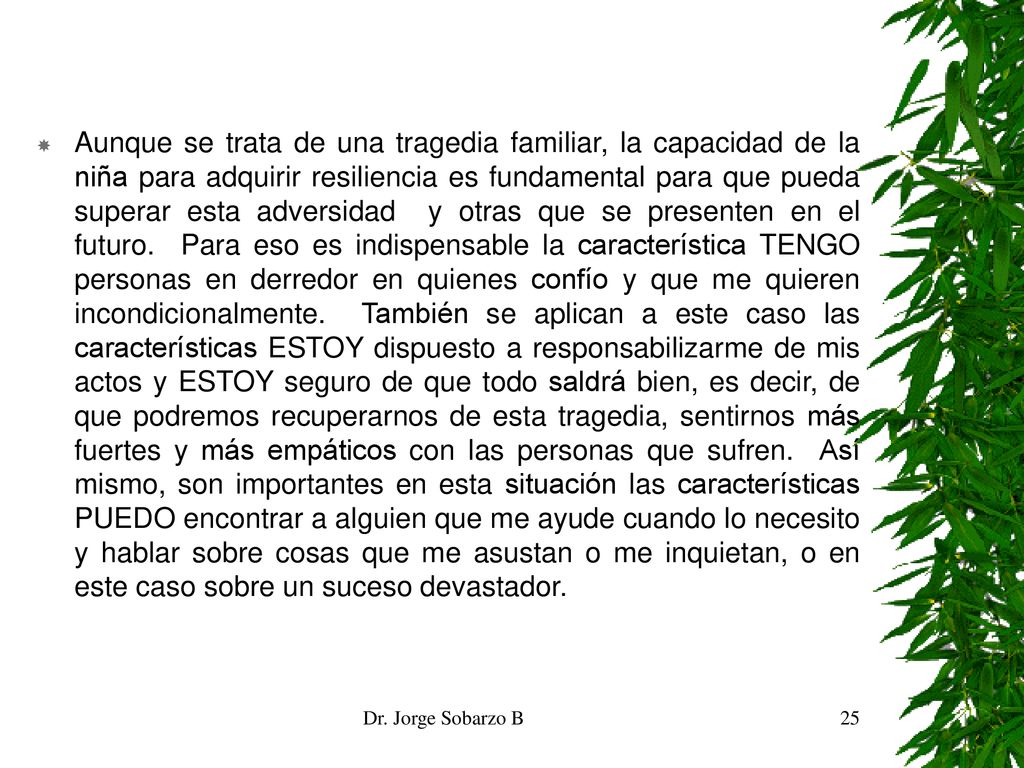 Aunque se trata de una tragedia familiar, la capacidad de la niña para adquirir resiliencia es fundamental para que pueda superar esta adversidad y otras que se presenten en el futuro. Para eso es indispensable la característica TENGO personas en derredor en quienes confío y que me quieren incondicionalmente. También se aplican a este caso las características ESTOY dispuesto a responsabilizarme de mis actos y ESTOY seguro de que todo saldrá bien, es decir, de que podremos recuperarnos de esta tragedia, sentirnos más fuertes y más empáticos con las personas que sufren. Así mismo, son importantes en esta situación las características PUEDO encontrar a alguien que me ayude cuando lo necesito y hablar sobre cosas que me asustan o me inquietan, o en este caso sobre un suceso devastador.