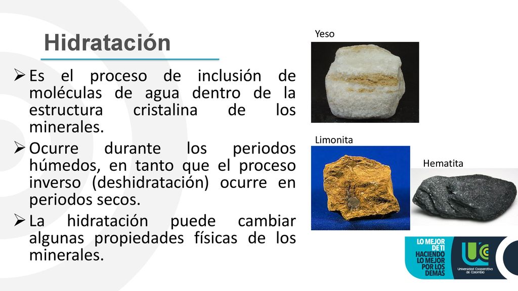 Hidratación Yeso. Es el proceso de inclusión de moléculas de agua dentro de la estructura cristalina de los minerales.
